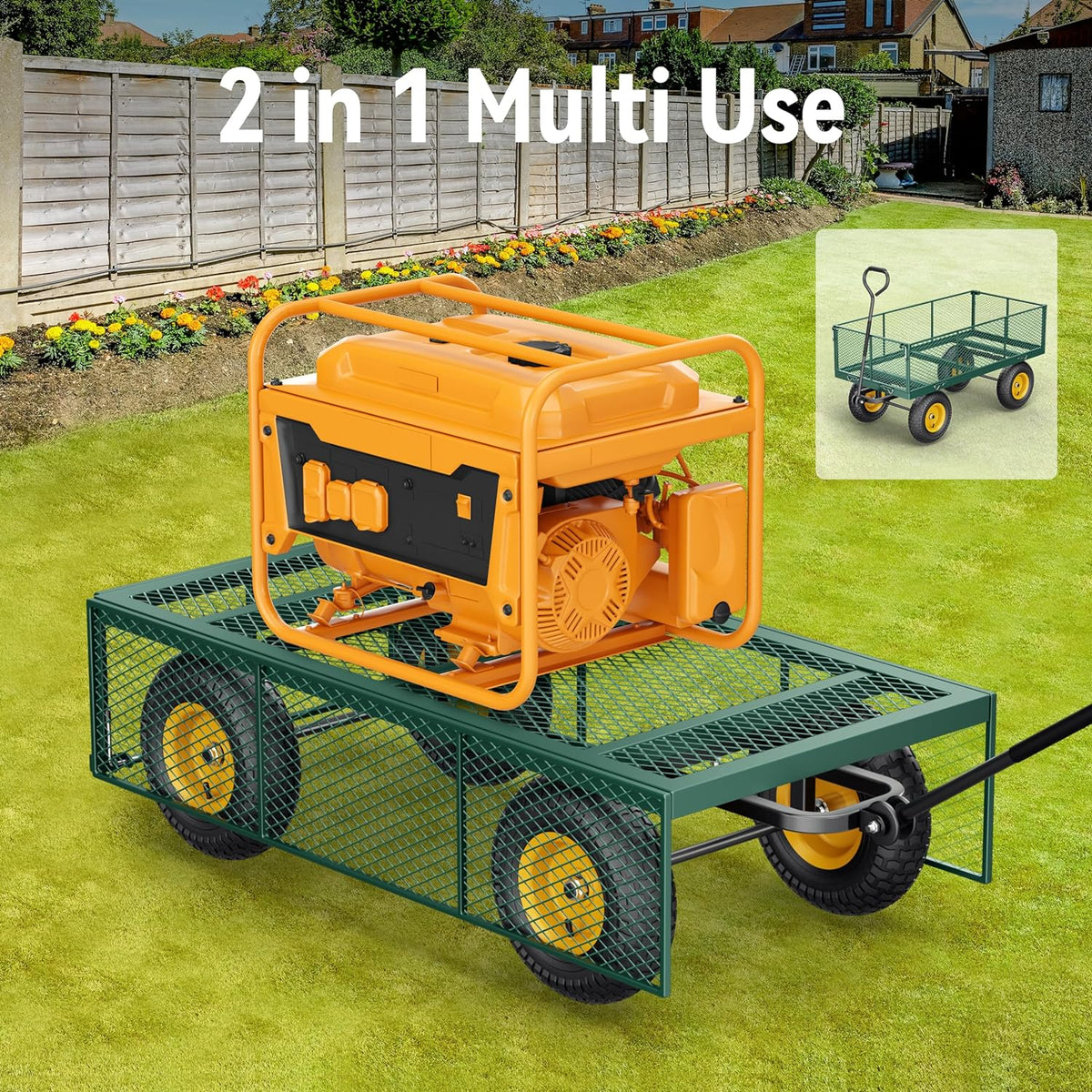 Steel Garden Cart, 2-in-1 1400 lbs Heavy Duty Utility Wagon, with Removable Mesh Sides to Convert into Flatbed, 240" U-Turn 13" Pneumatic Tires Gar...