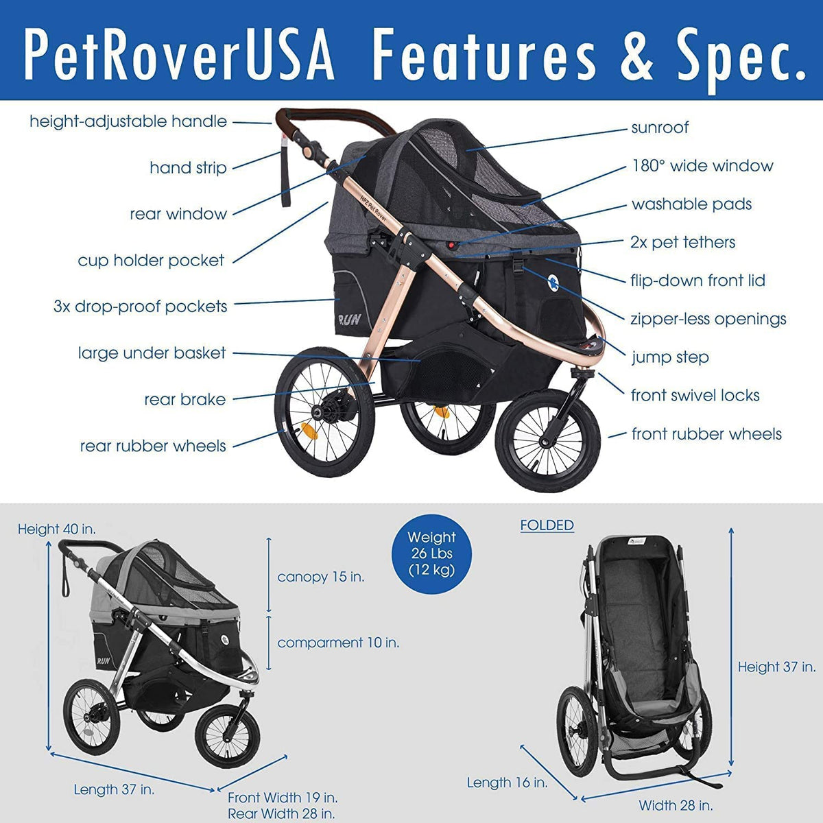 Jogging Sports Stroller with Comfort Rubber Wheels/Zipper-Less Entry/1-Hand Quick Fold/Aluminum Frame for Small/Medium Dogs, Cats and Pets (Green C...