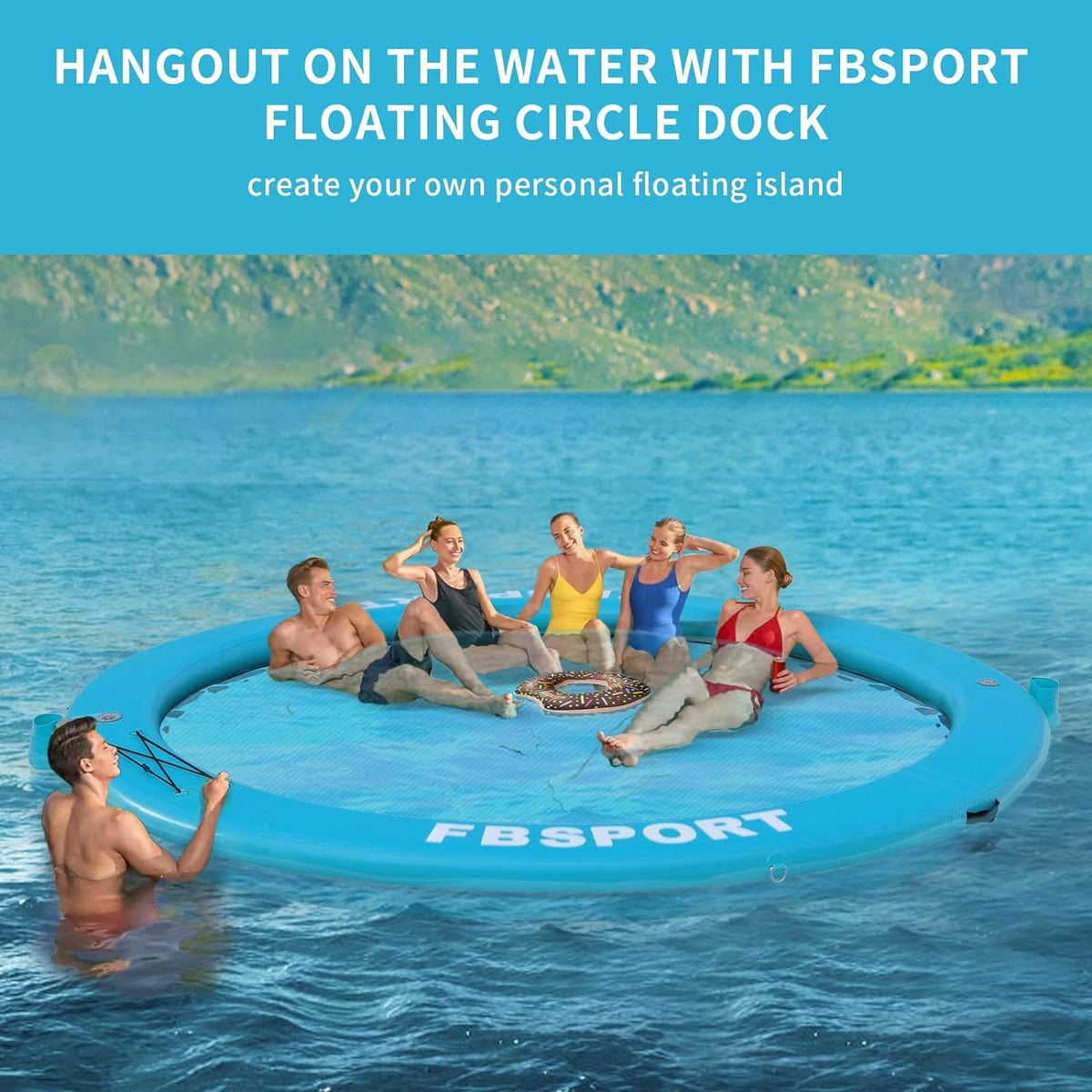 Inflatable Dock Floating Platform, 8ft Inflatable Water Hammock Floating Deck for Lake W/Cupholder, Round Floating Ring Float Ring, Pool Float Raft...