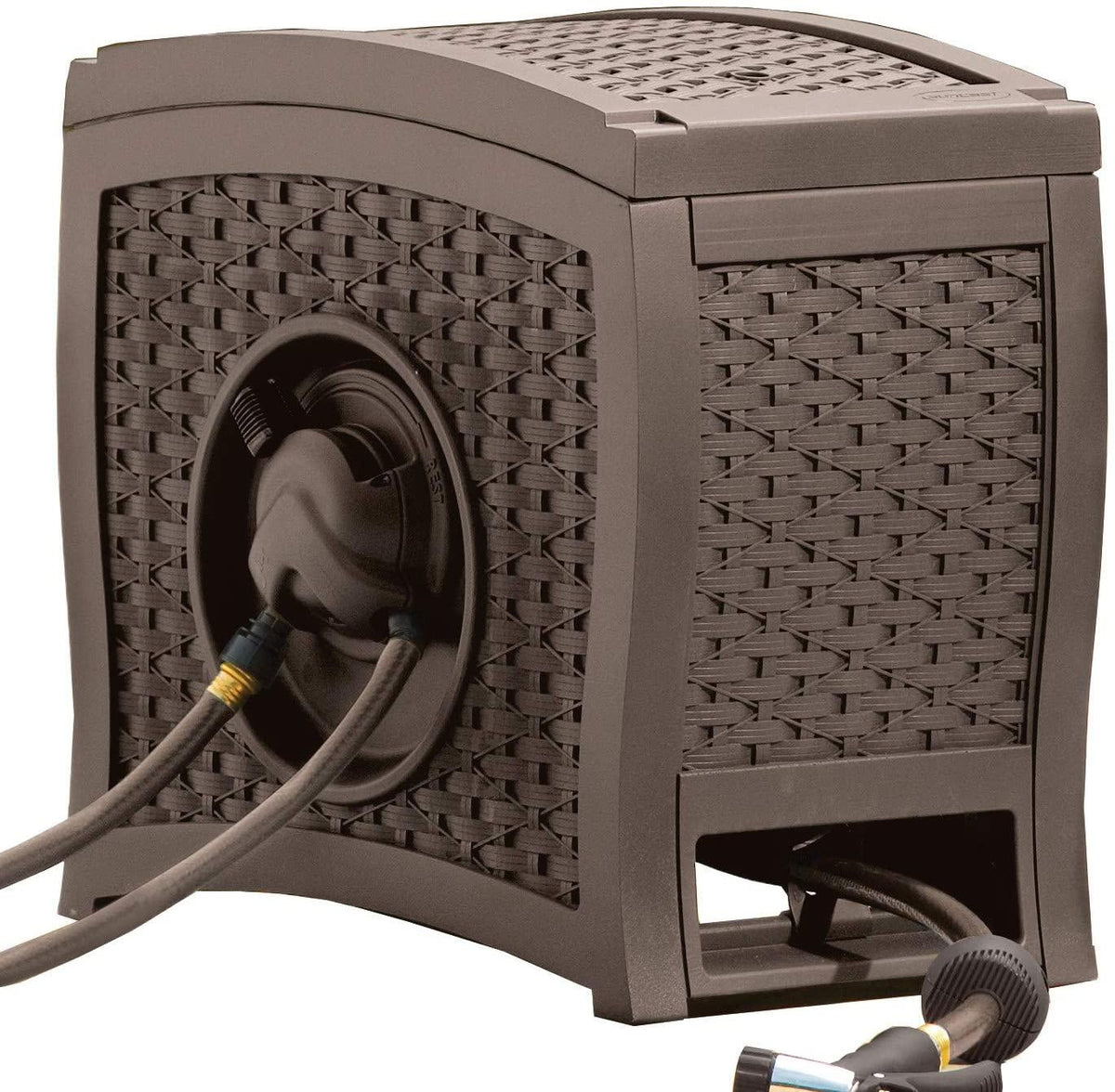 Suncast Aquawinder 125" Wicker Garden Hose Reel — Lightweight Portable Hands — Free Water Powered Retractable Hose Reel — Java