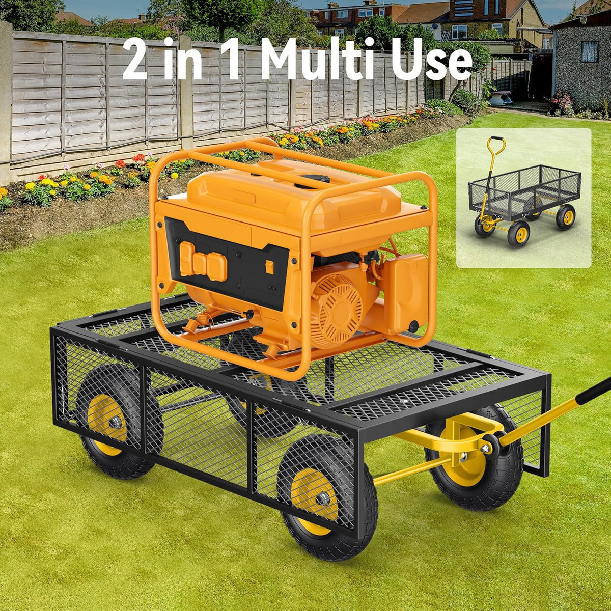 Steel Garden Cart, 2-in-1 1400 lbs Heavy Duty Utility Wagon, with Removable Mesh Sides to Convert into Flatbed, 240" U-Turn 13" Pneumatic Tires Gar...