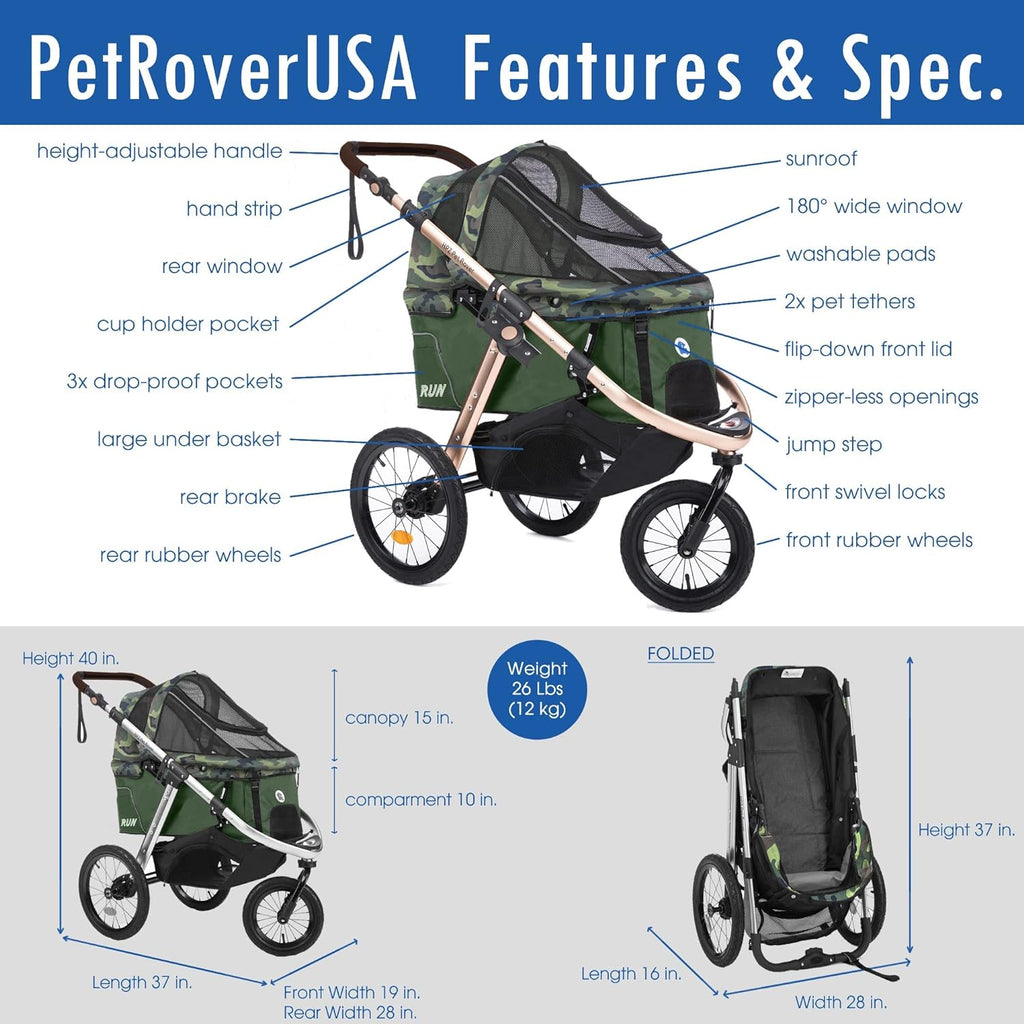 Jogging Sports Stroller with Comfort Rubber Wheels/Zipper-Less Entry/1-Hand Quick Fold/Aluminum Frame for Small/Medium Dogs, Cats and Pets (Green C...