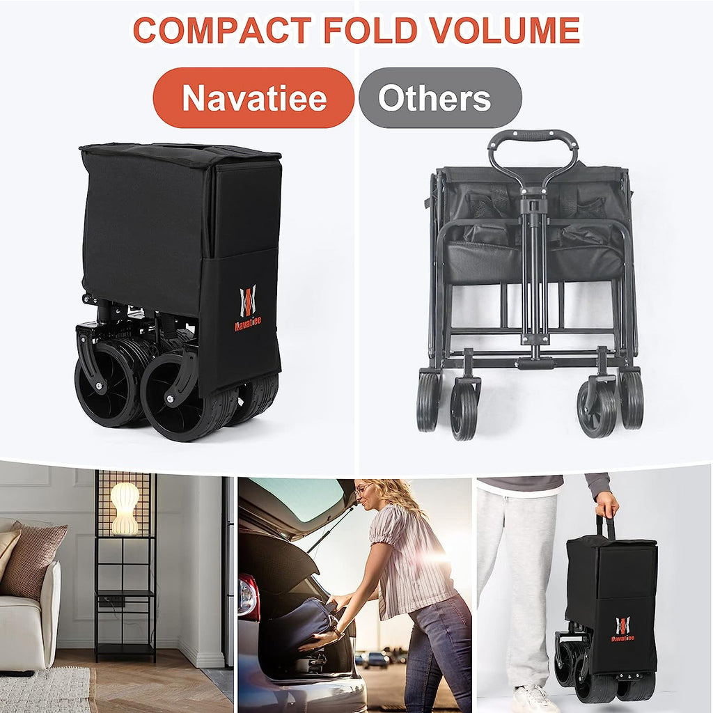 Navatiee Collapsible Folding Wagon, Beach Wagon Cart Heavy Duty Foldable with Big Wheels, Utility Grocery Wagon with Side Pocket and Brakes for Cam...