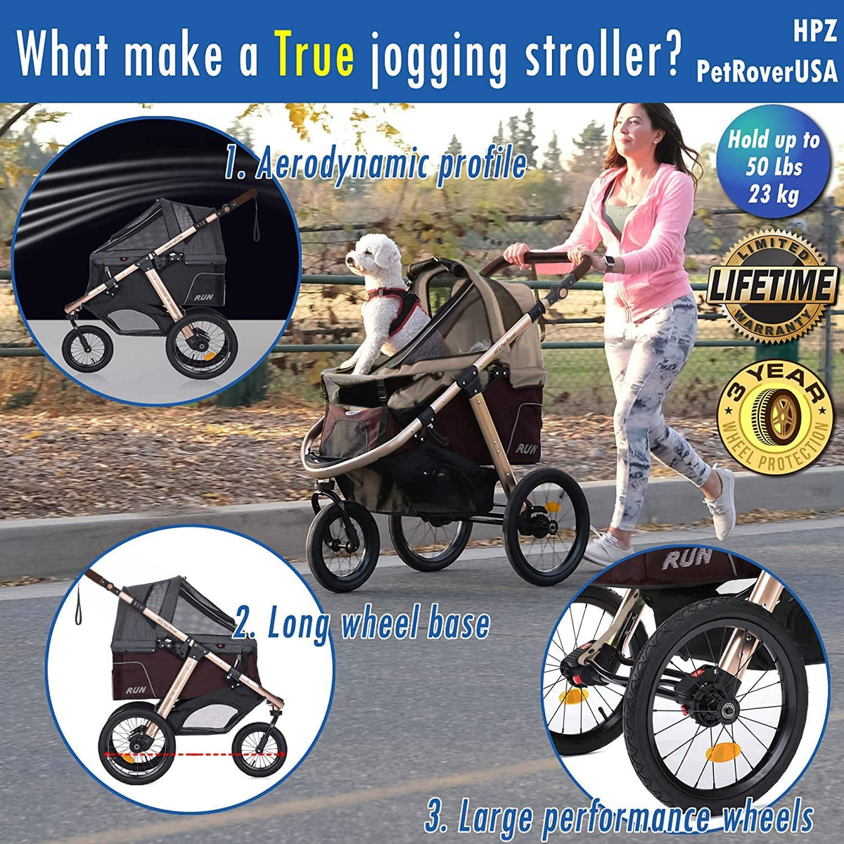 Jogging Sports Stroller with Comfort Rubber Wheels/Zipper-Less Entry/1-Hand Quick Fold/Aluminum Frame for Small/Medium Dogs, Cats and Pets (Green C...