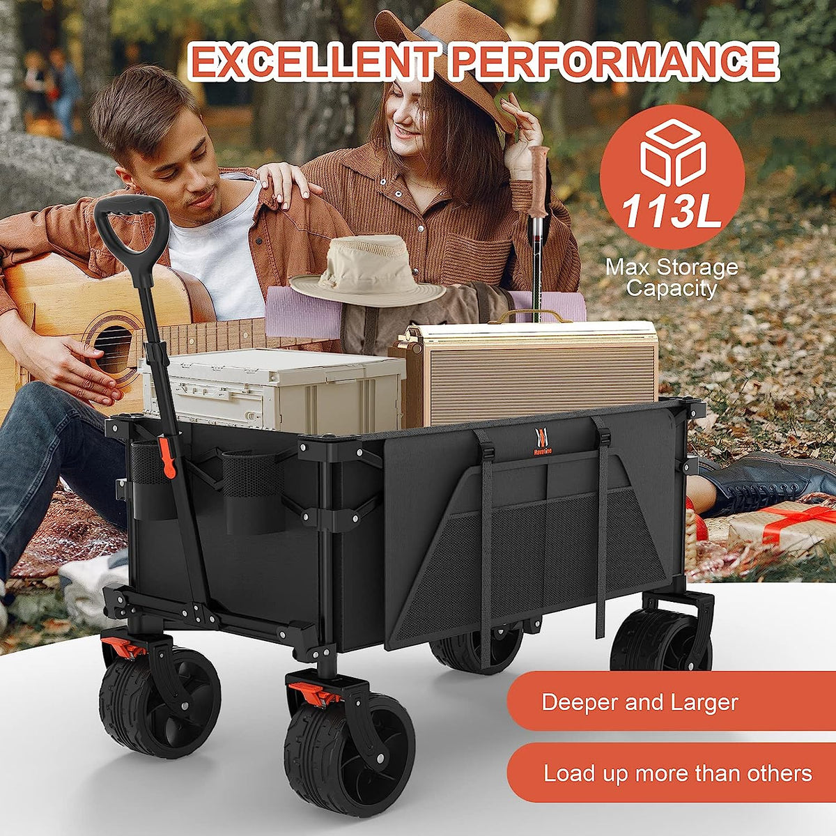 Navatiee Collapsible Folding Wagon, Beach Wagon Cart Heavy Duty Foldable with Big Wheels, Utility Grocery Wagon with Side Pocket and Brakes for Cam...