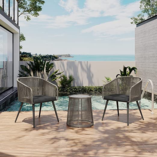 Patio Furniture Set, 3-Piece Outside Bistro Set Handwoven Rattan Wicker Chairs with Waterproof Cushions, Tempered Glass Table, Outdoor Conversation...