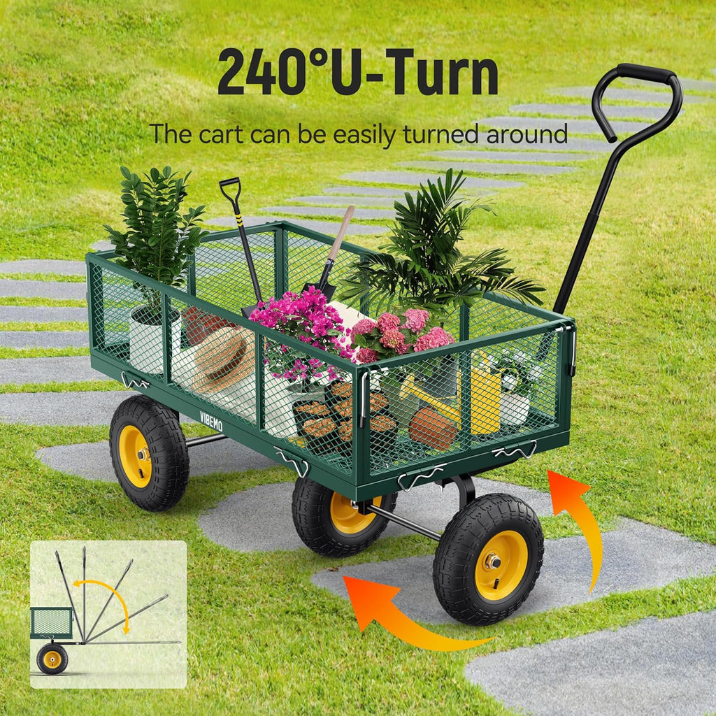 Steel Garden Cart, 2-in-1 1400 lbs Heavy Duty Utility Wagon, with Removable Mesh Sides to Convert into Flatbed, 240" U-Turn 13" Pneumatic Tires Gar...