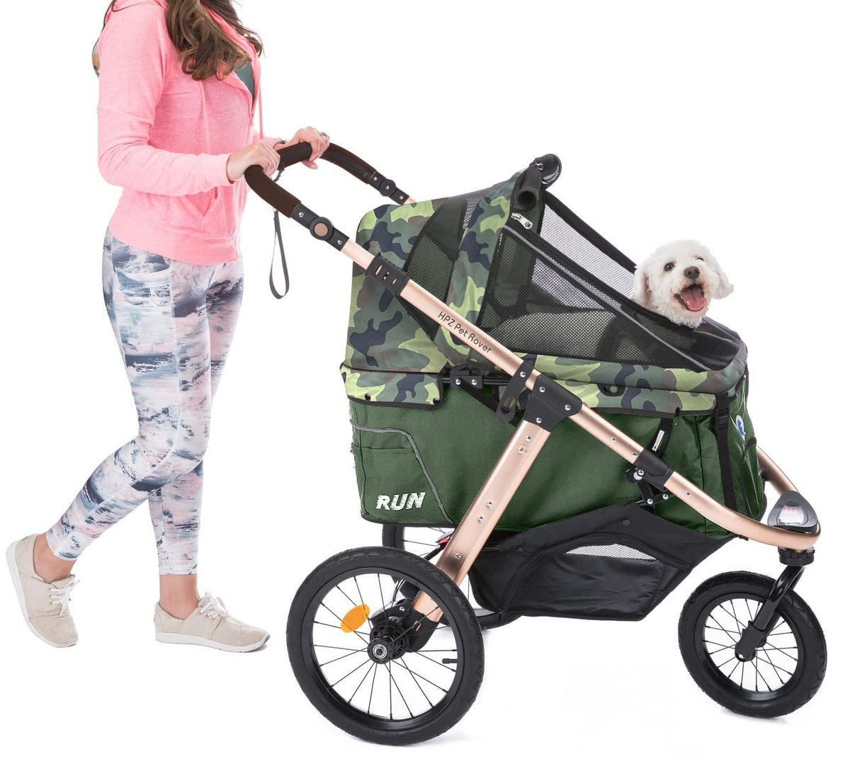 Jogging Sports Stroller with Comfort Rubber Wheels/Zipper-Less Entry/1-Hand Quick Fold/Aluminum Frame for Small/Medium Dogs, Cats and Pets (Green C...
