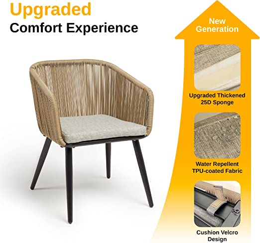 Patio Furniture Set, 3-Piece Outside Bistro Set Handwoven Rattan Wicker Chairs with Waterproof Cushions, Tempered Glass Table, Outdoor Conversation...