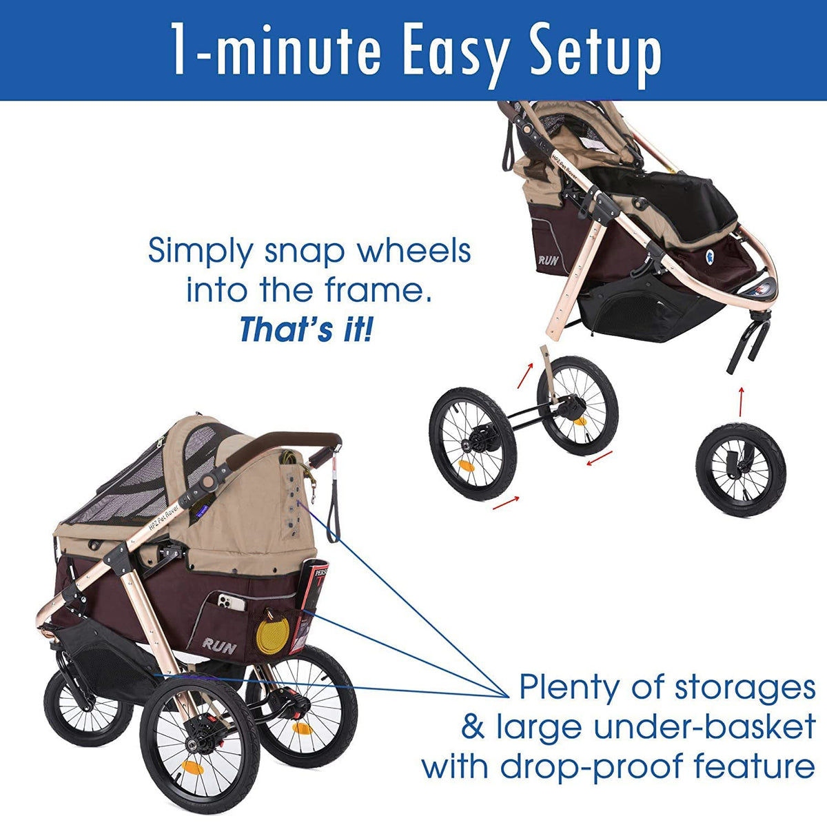 Jogging Sports Stroller with Comfort Rubber Wheels/Zipper-Less Entry/1-Hand Quick Fold/Aluminum Frame for Small/Medium Dogs, Cats and Pets (Green C...