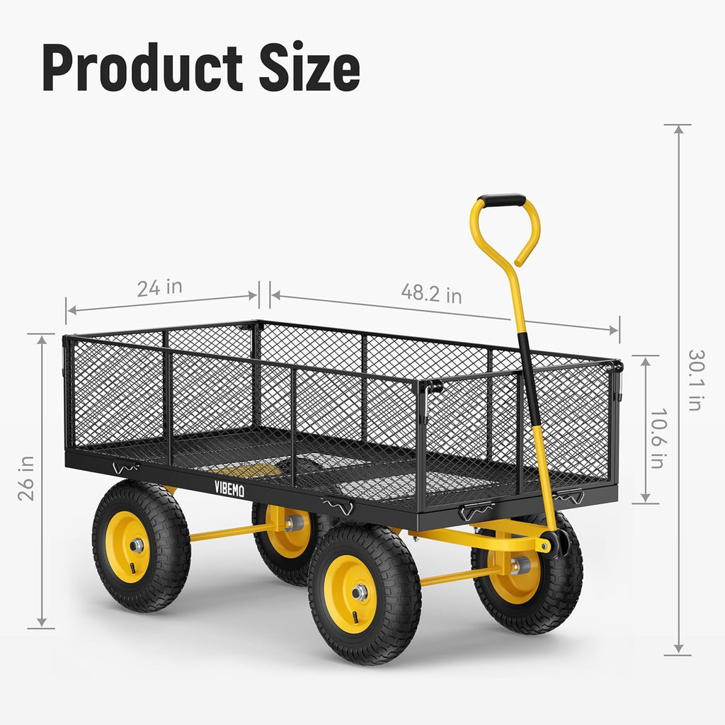 Steel Garden Cart, 2-in-1 1400 lbs Heavy Duty Utility Wagon, with Removable Mesh Sides to Convert into Flatbed, 240" U-Turn 13" Pneumatic Tires Gar...