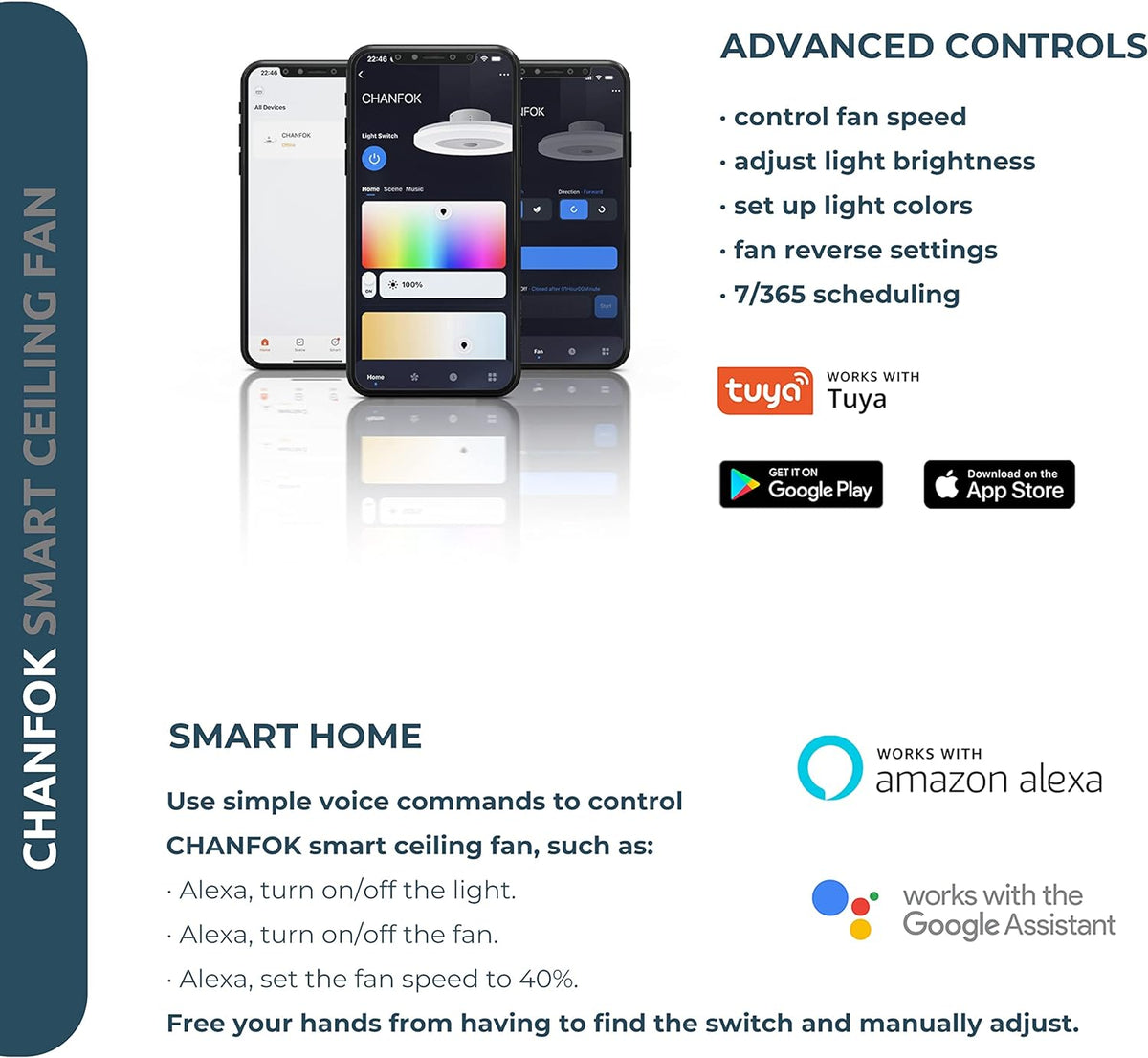 Low-profile smart ceiling fan with lights, APP control, remote compatibility, 6-speed reversible blade