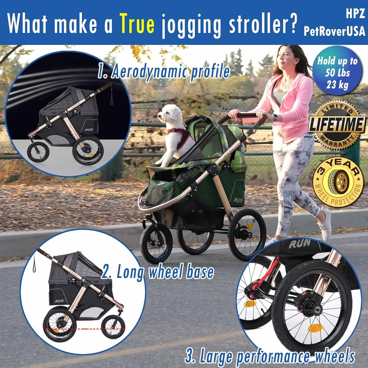 Jogging Sports Stroller with Comfort Rubber Wheels/Zipper-Less Entry/1-Hand Quick Fold/Aluminum Frame for Small/Medium Dogs, Cats and Pets (Green C...