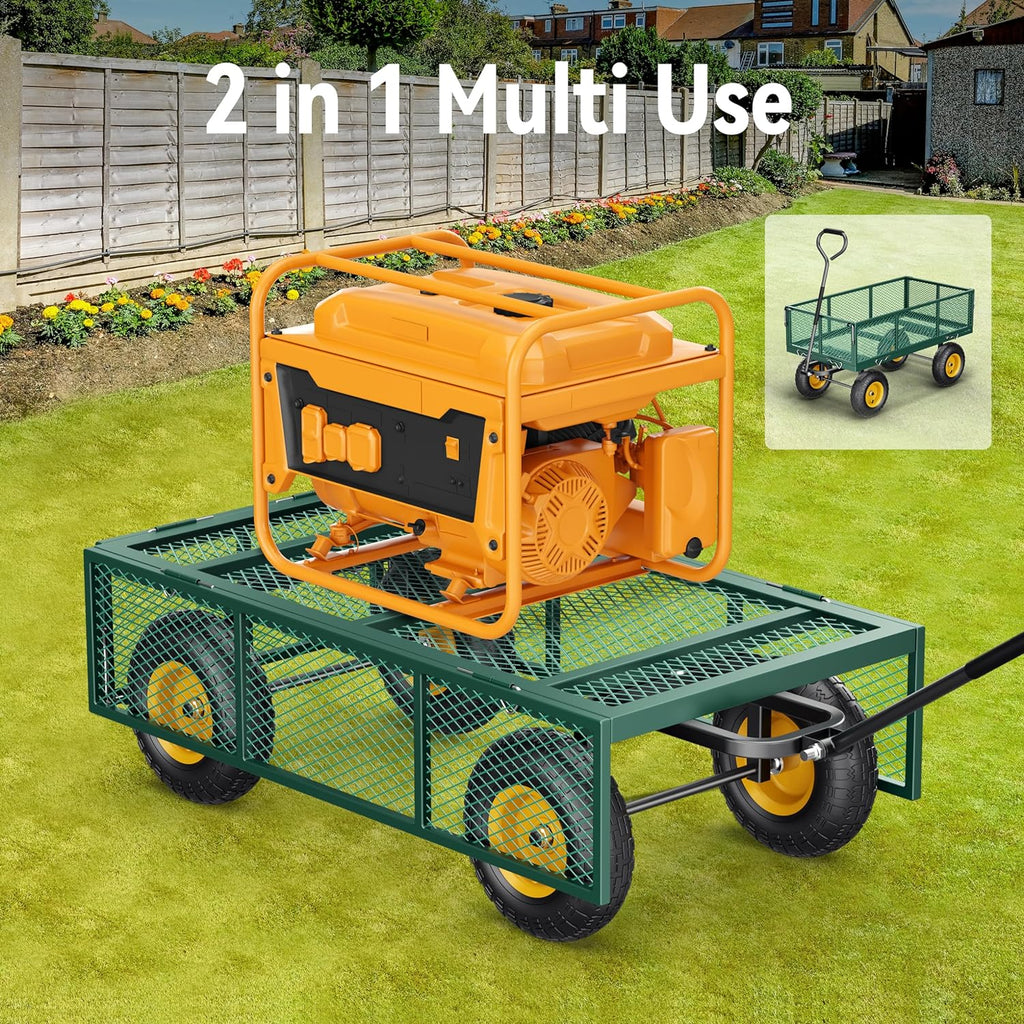 Steel Garden Cart, 2-in-1 1400 lbs Heavy Duty Utility Wagon, with Removable Mesh Sides to Convert into Flatbed, 240" U-Turn 13" Pneumatic Tires Gar...
