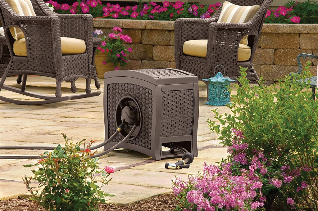 Suncast Aquawinder 125" Wicker Garden Hose Reel — Lightweight Portable Hands — Free Water Powered Retractable Hose Reel — Java
