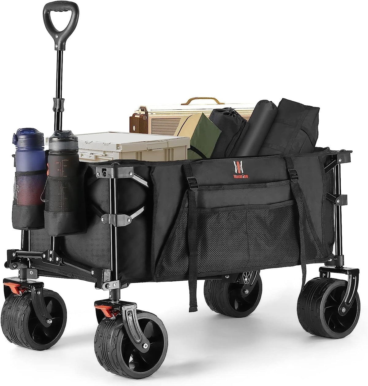 Navatiee Collapsible Folding Wagon, Beach Wagon Cart Heavy Duty Foldable with Big Wheels, Utility Grocery Wagon with Side Pocket and Brakes for Cam...