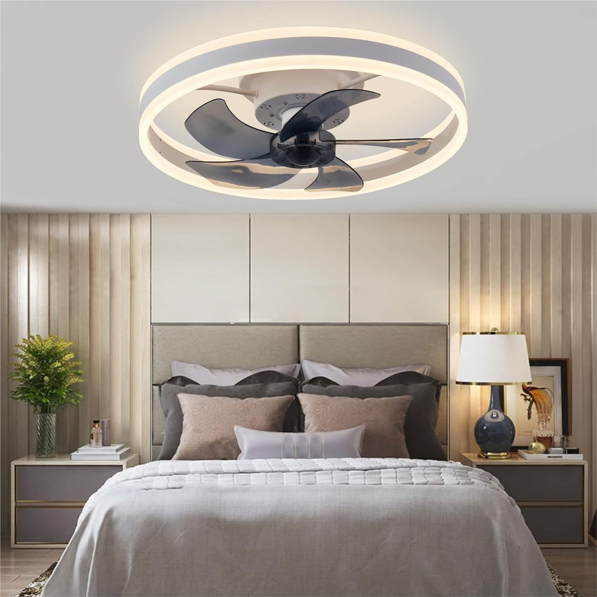 Low-profile smart ceiling fan with lights, APP control, remote compatibility, 6-speed reversible blade