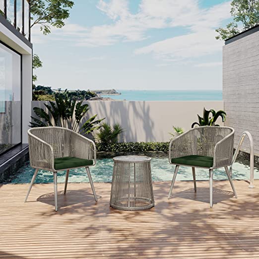Patio Furniture Set, 3-Piece Outside Bistro Set Handwoven Rattan Wicker Chairs with Waterproof Cushions, Tempered Glass Table, Outdoor Conversation...