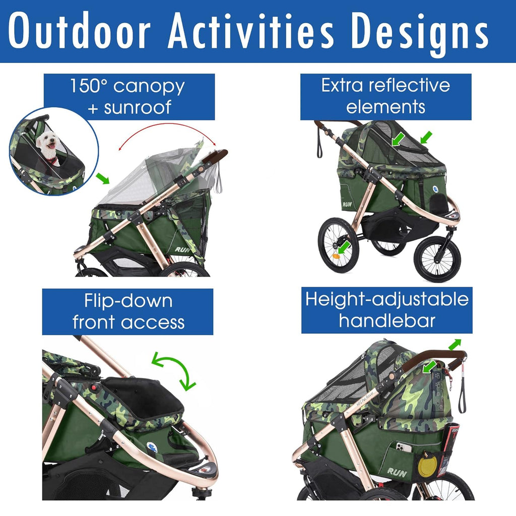 Jogging Sports Stroller with Comfort Rubber Wheels/Zipper-Less Entry/1-Hand Quick Fold/Aluminum Frame for Small/Medium Dogs, Cats and Pets (Green C...