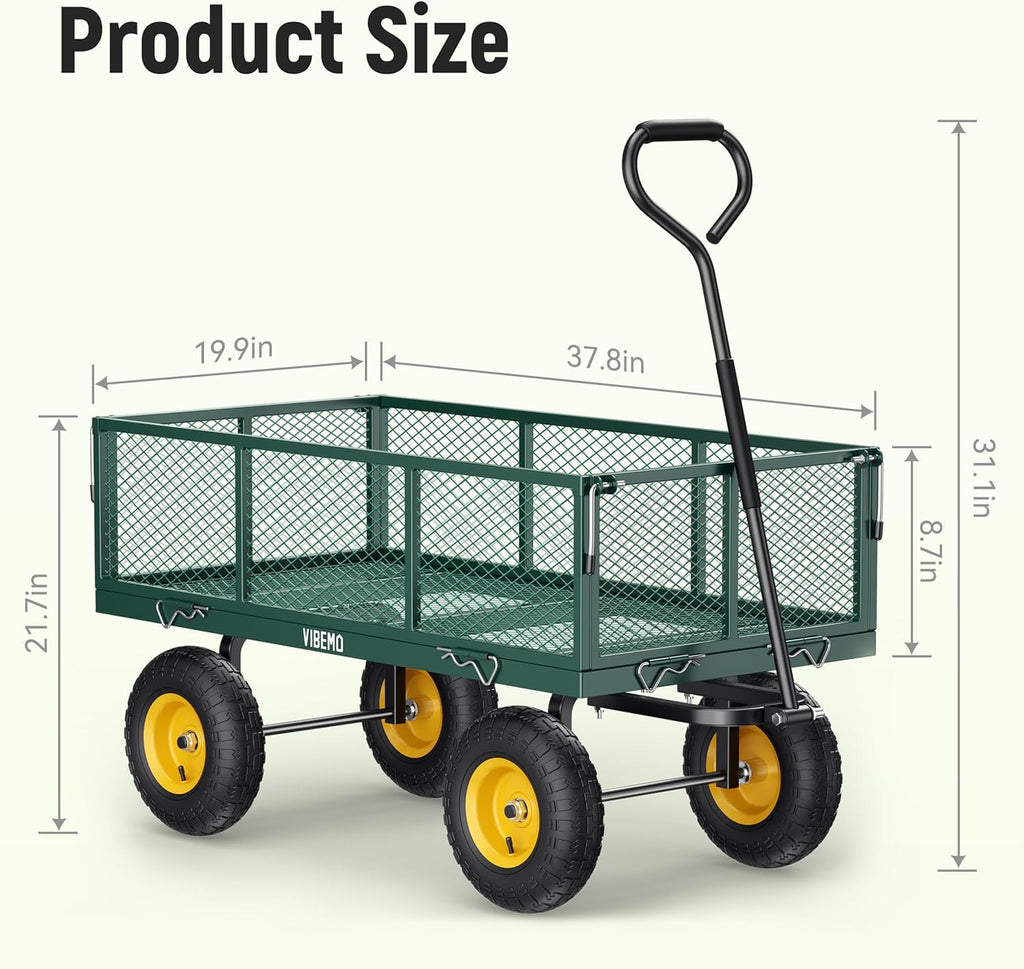 Steel Garden Cart, 2-in-1 1400 lbs Heavy Duty Utility Wagon, with Removable Mesh Sides to Convert into Flatbed, 240" U-Turn 13" Pneumatic Tires Gar...