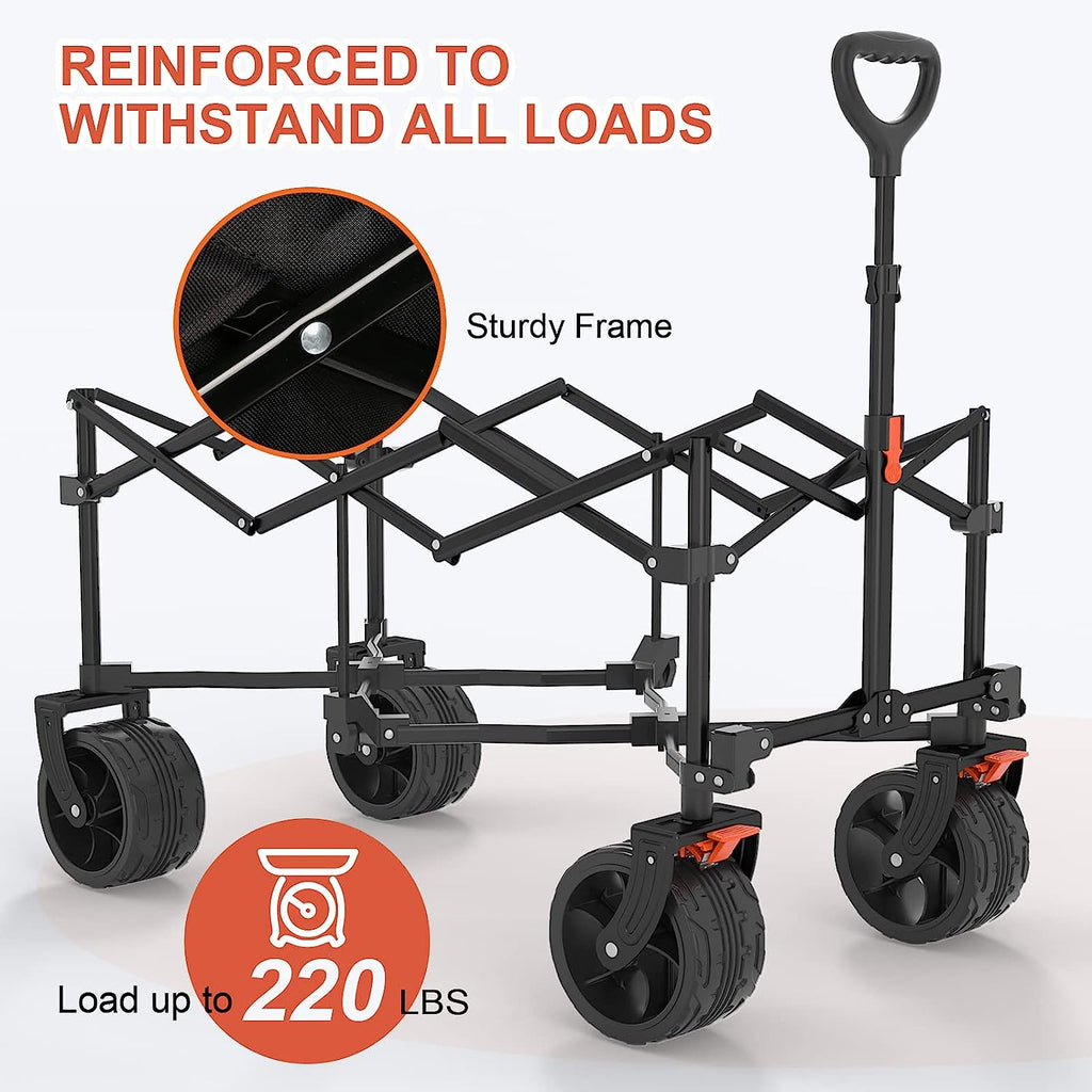 Navatiee Collapsible Folding Wagon, Beach Wagon Cart Heavy Duty Foldable with Big Wheels, Utility Grocery Wagon with Side Pocket and Brakes for Cam...