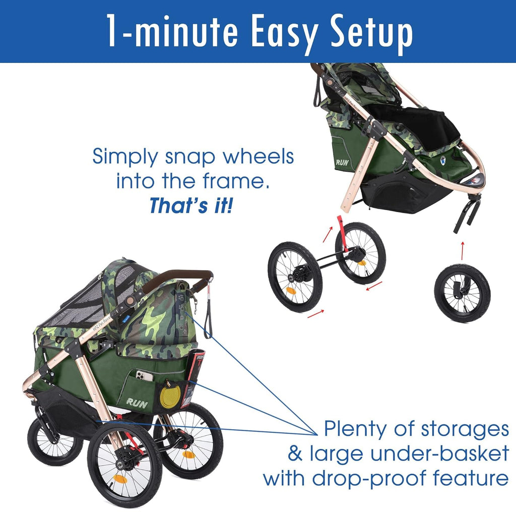 Jogging Sports Stroller with Comfort Rubber Wheels/Zipper-Less Entry/1-Hand Quick Fold/Aluminum Frame for Small/Medium Dogs, Cats and Pets (Green C...