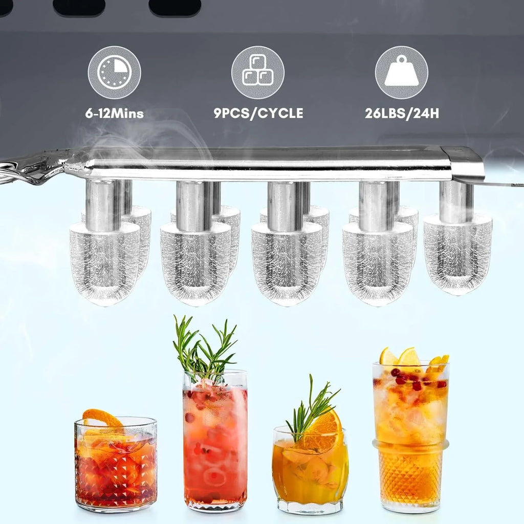 Countertop Ice Maker,Portable Ice Machine with Carry Handle,Self-Cleaning,Basket and Scoop,9 Cubes in 6 Mins,26.5lbs/24Hrs,2 Sizes of Bullet Ice,fo...