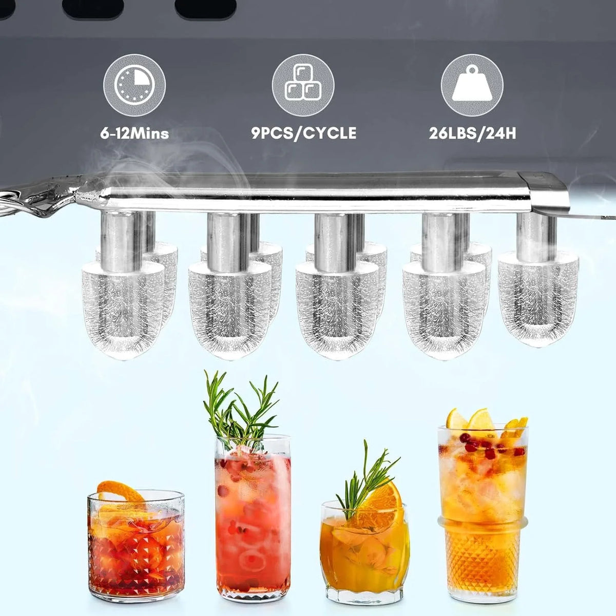 Countertop Ice Maker,Portable Ice Machine with Carry Handle,Self-Cleaning,Basket and Scoop,9 Cubes in 6 Mins,26.5lbs/24Hrs,2 Sizes of Bullet Ice,fo...