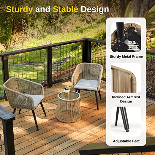Patio Furniture Set, 3-Piece Outside Bistro Set Handwoven Rattan Wicker Chairs with Waterproof Cushions, Tempered Glass Table, Outdoor Conversation...