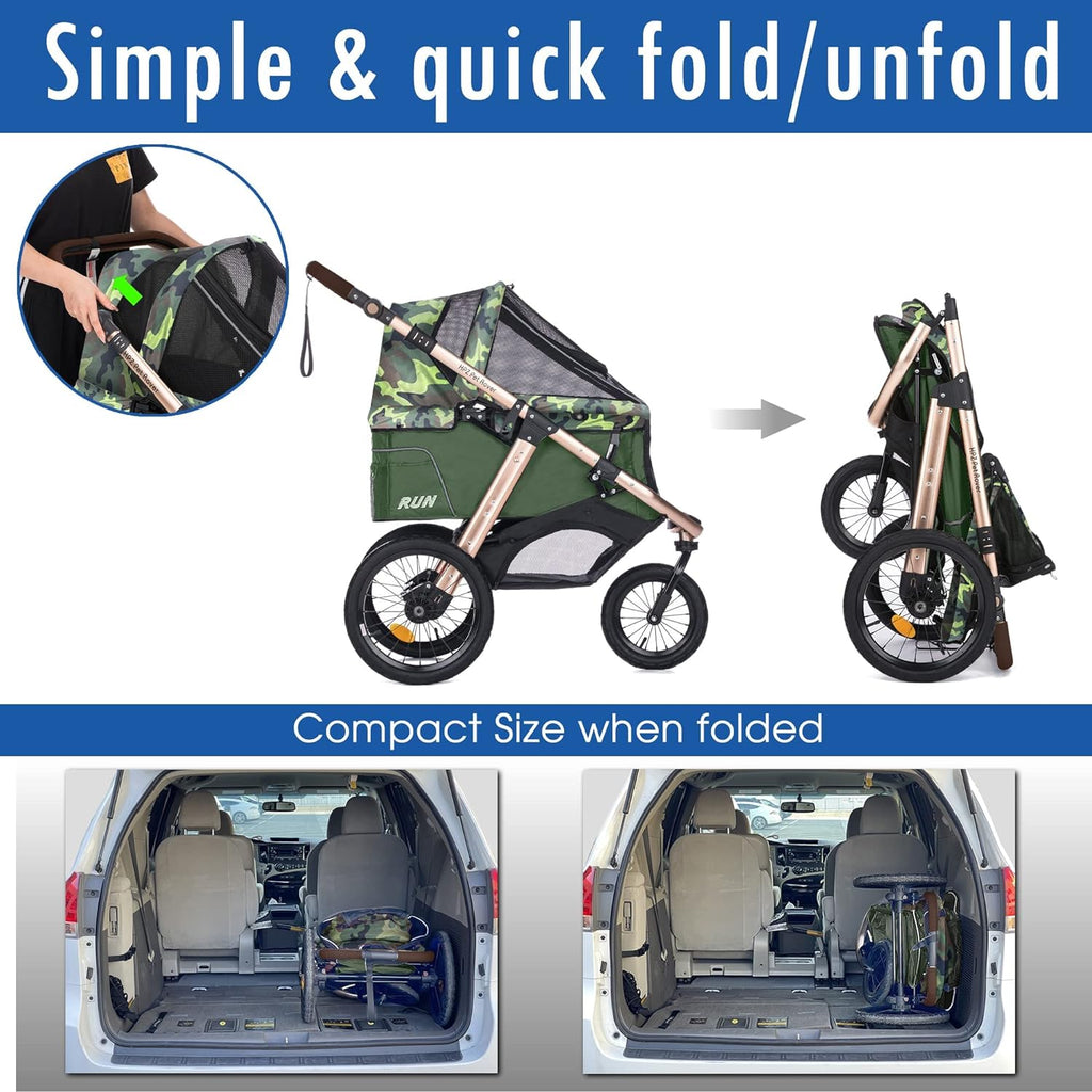 Jogging Sports Stroller with Comfort Rubber Wheels/Zipper-Less Entry/1-Hand Quick Fold/Aluminum Frame for Small/Medium Dogs, Cats and Pets (Green C...