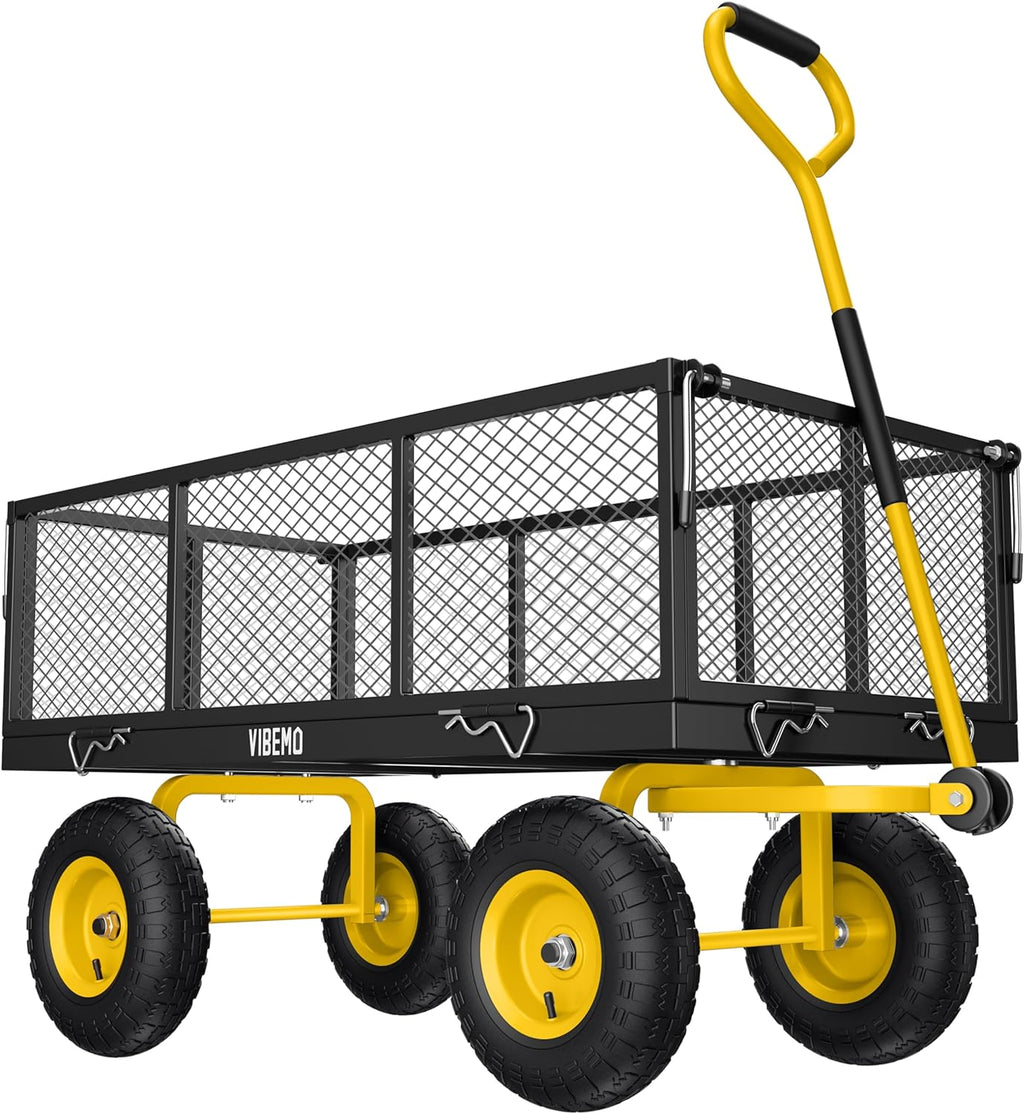 Steel Garden Cart, 2-in-1 1400 lbs Heavy Duty Utility Wagon, with Removable Mesh Sides to Convert into Flatbed, 240" U-Turn 13" Pneumatic Tires Gar...